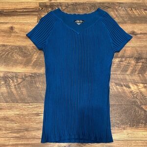 United States Sweaters Blue Ribbed V Neck‎ Short Sleeve Knit Top Women's XL